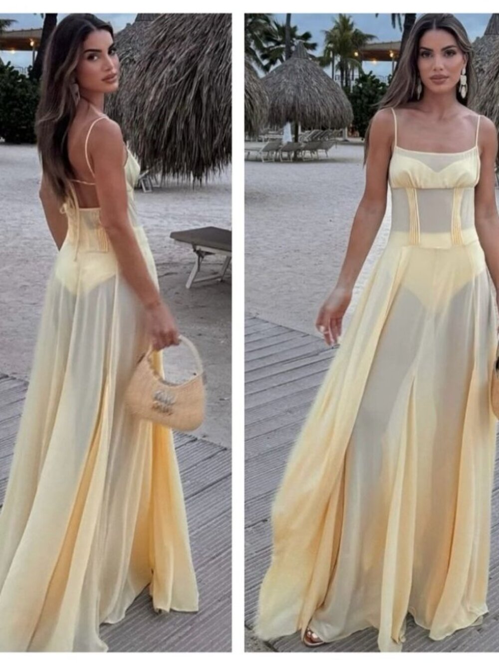 NWT Camila Coelho Maxi Dress Butter Yellow Sheer Dia Slip Wedding Guest size S